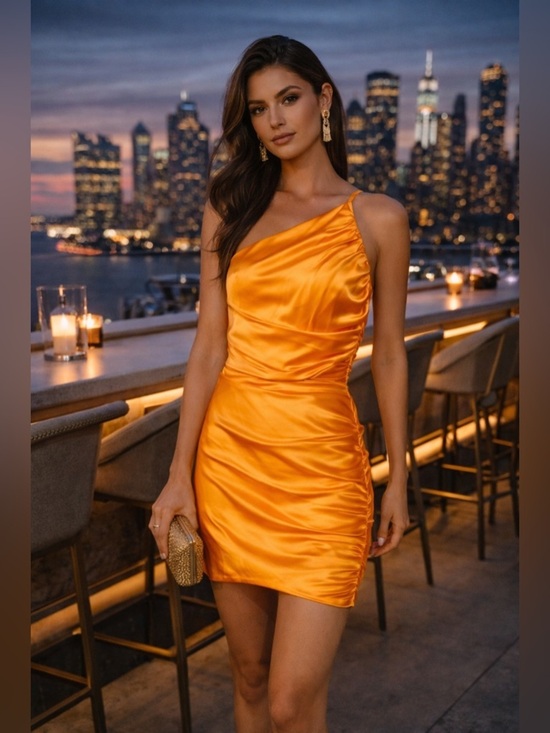the sei Dresses & Skirts - The Sei Silk One Shoulder Ruched Mini Dress Yellow Satin XS Cocktail Designer